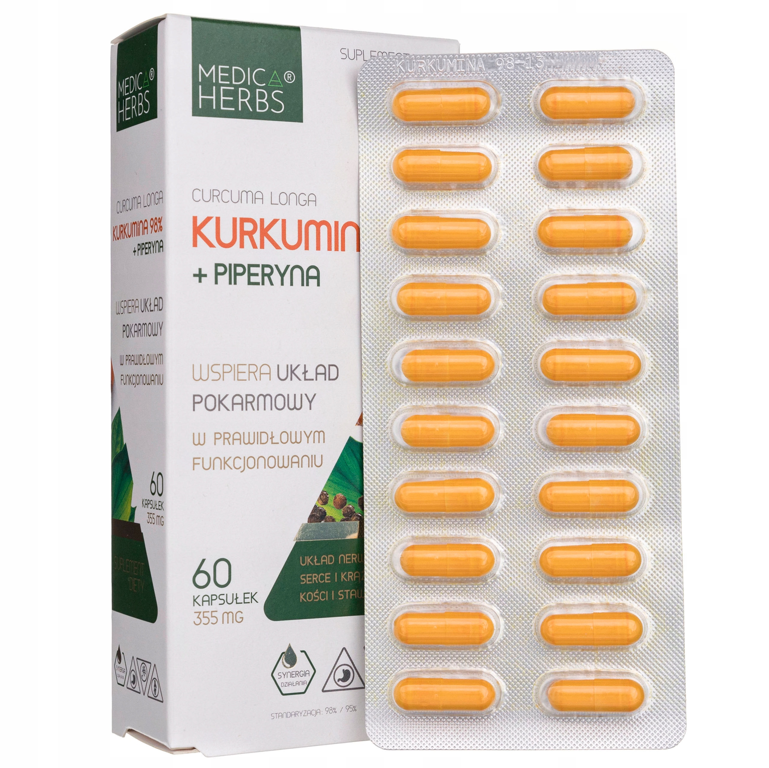 Suplement diety Medica Herbs Kurkumina 98% z piperyną 60 kapsułek - obrazek 4